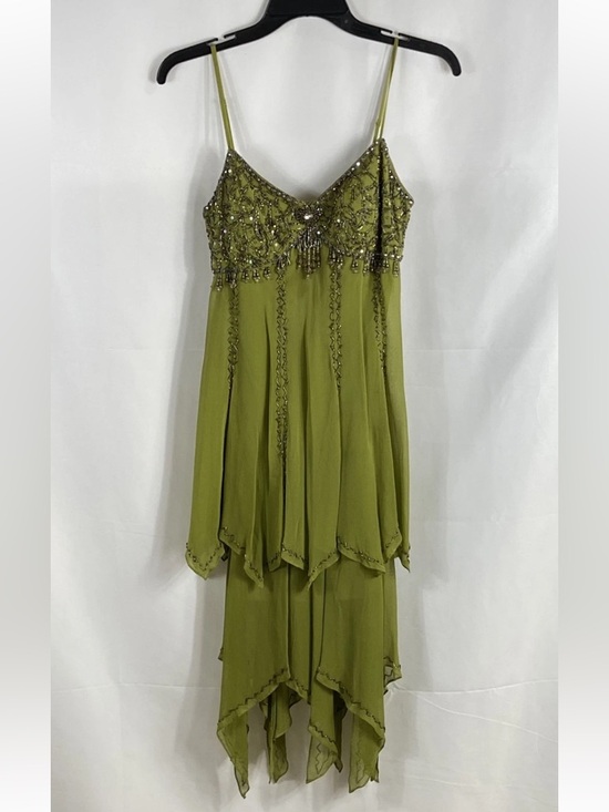 Sue Wong Dresses & Skirts - Sue Wong Olive Green Beaded Handkerchief-Hem Fairycore Slip Dress